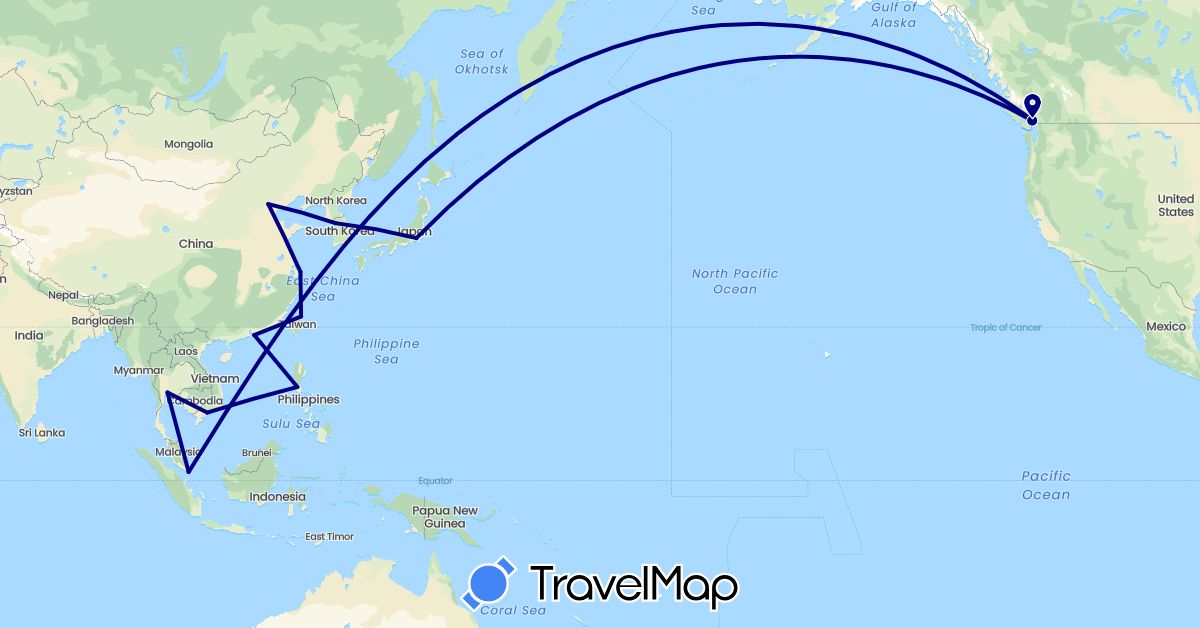 TravelMap itinerary: driving in Canada, China, Japan, South Korea, Philippines, Singapore, Thailand, Taiwan, Vietnam (Asia, North America)